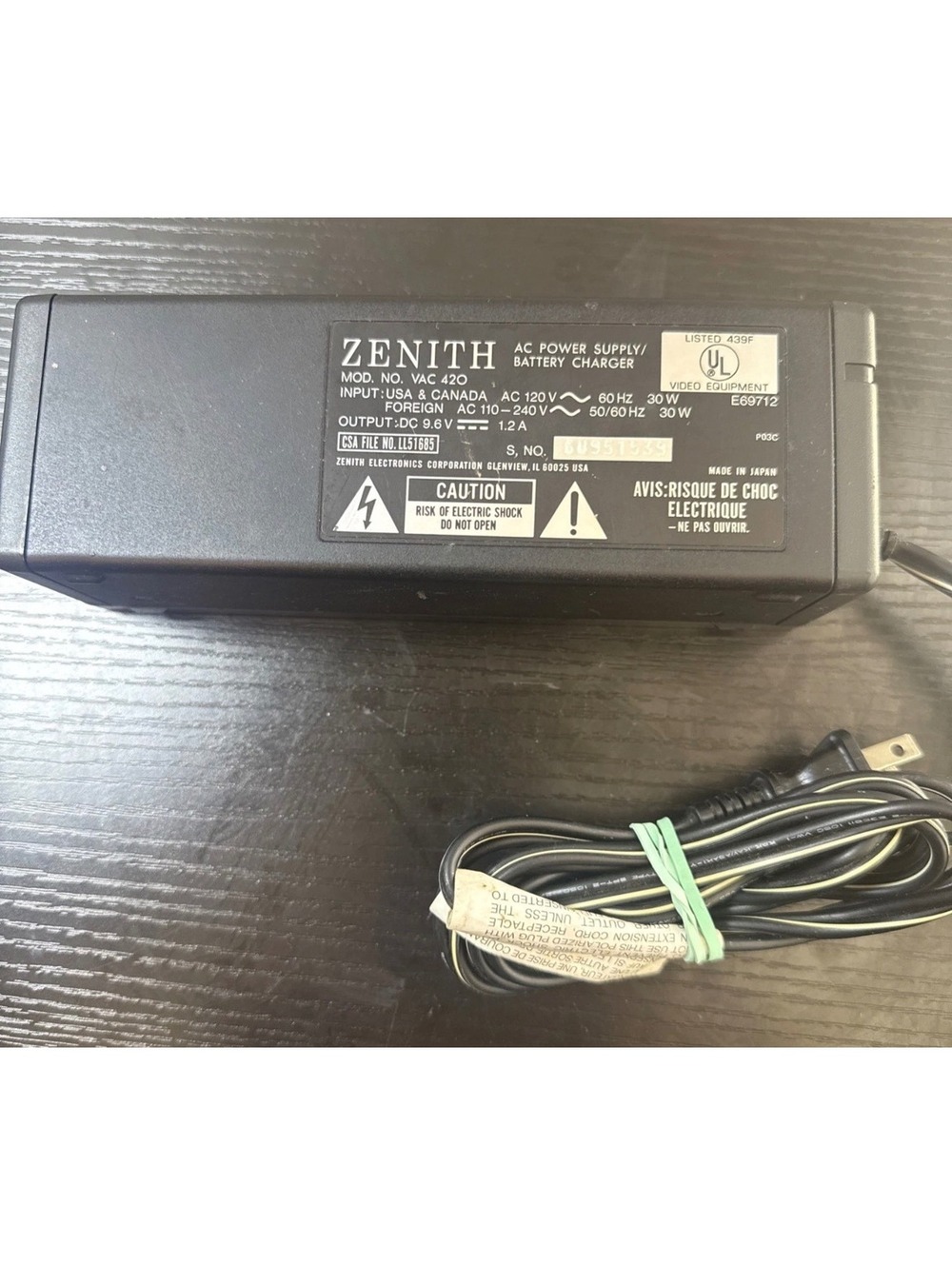 Zenith VAC 420 AC Power Supply Battery Charger